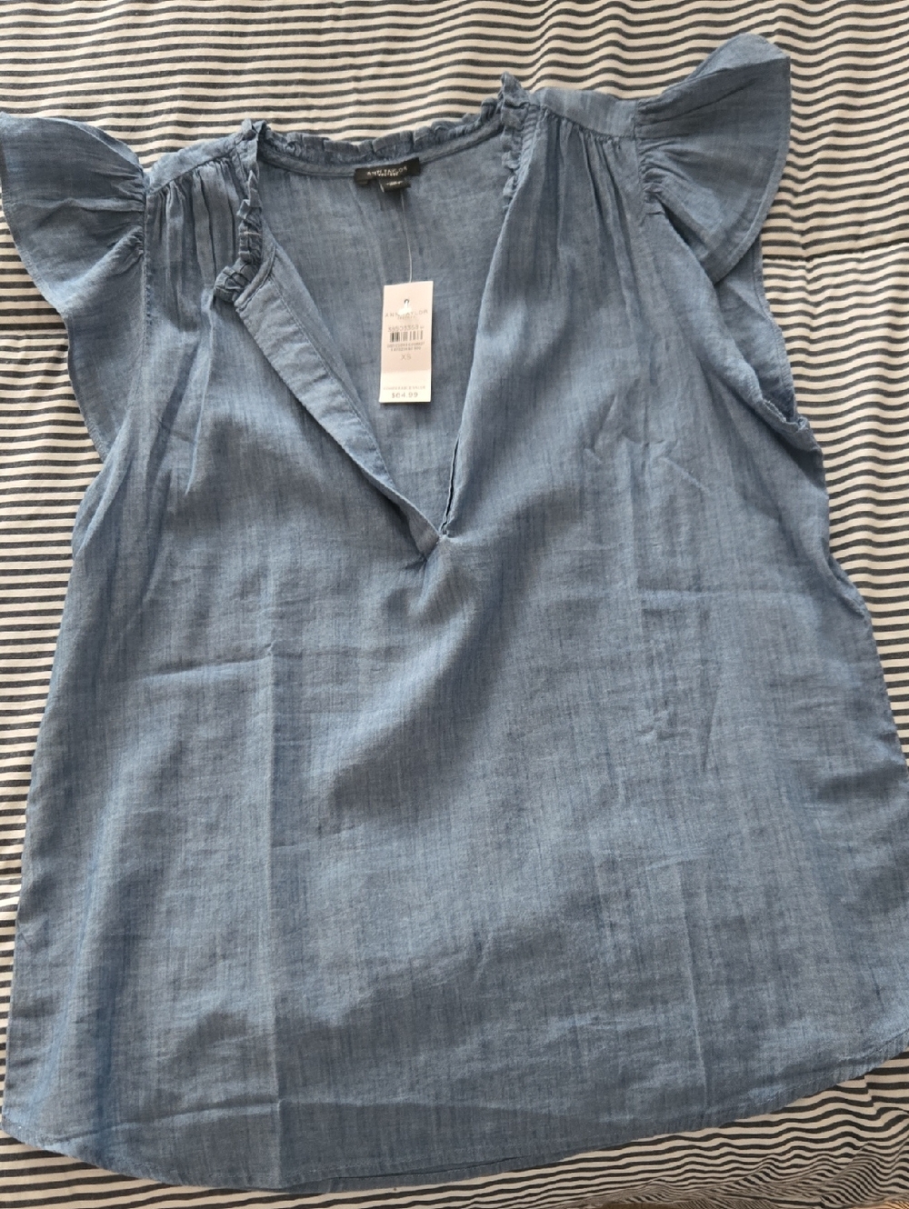 Blue Chambray Flutter Sleeve Top